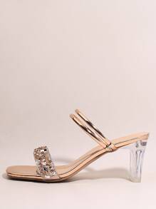 Women Rhinestone Decor Chunky Heeled Mule Sandals, Glamorous Party Heeled Sandals - Gold - View 2