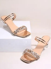 Women Rhinestone Decor Chunky Heeled Mule Sandals, Glamorous Party Heeled Sandals - Gold - View 3