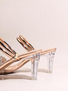 Women Rhinestone Decor Chunky Heeled Mule Sandals, Glamorous Party Heeled Sandals - Gold - View 5