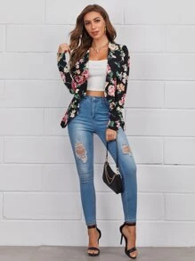 SHEIN Clasi 翻領手帕下擺花卉西裝外套