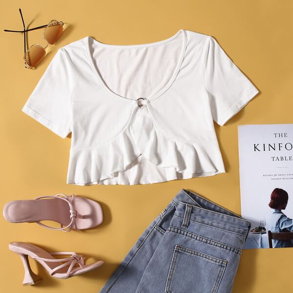

Scoop Neck Ruffle Hem Top, White