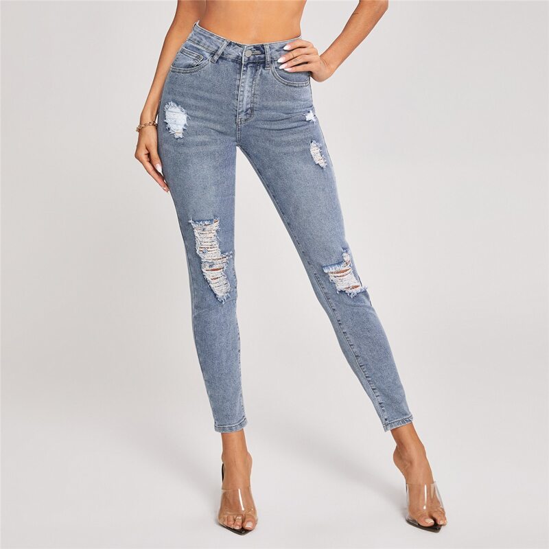 

High Waist Ripped Skinny Jeans, Light wash