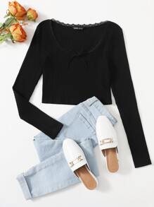Muchica Lace Trim Bow Front Rib-knit Top - Black - View 1