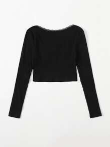 Muchica Lace Trim Bow Front Rib-knit Top - Black - View 2