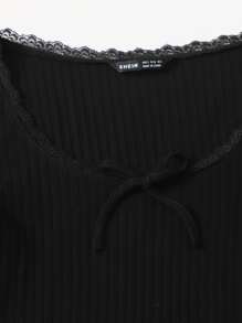 Muchica Lace Trim Bow Front Rib-knit Top - Black - View 3