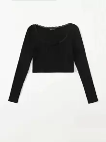 Muchica Lace Trim Bow Front Rib-knit Top - Black - View 4