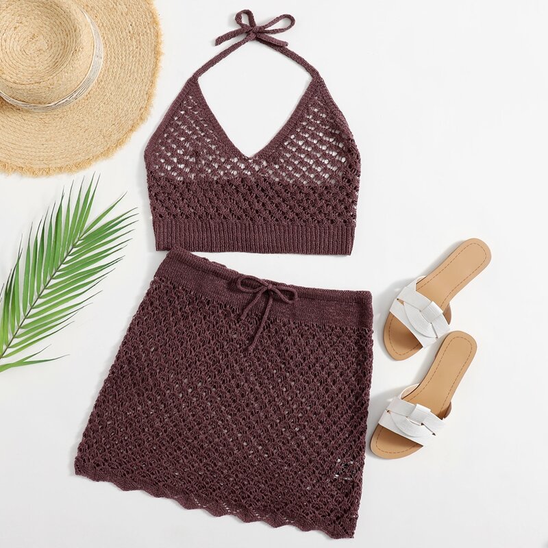 

Halterneck Tie Back Cover Up Top & Skirt Set Without Bikini, Redwood