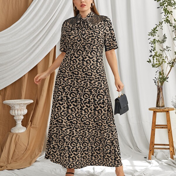 

Plus Tie Neck Lace Insert Leopard Dress, Multicolor