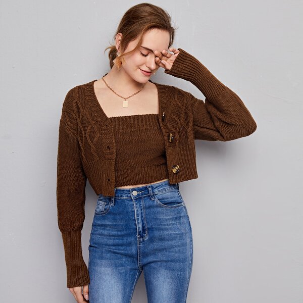 

Button Front Drop Shoulder Cardigan & Knit Top Set, Chocolate brown