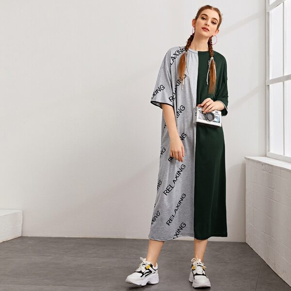 

Drop Shoulder Letter Graphic Colorblock Tee Dress, Multicolor