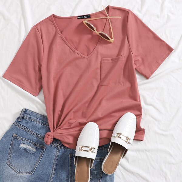 

V-neck Pocket Patched Tee, Dusty pink
