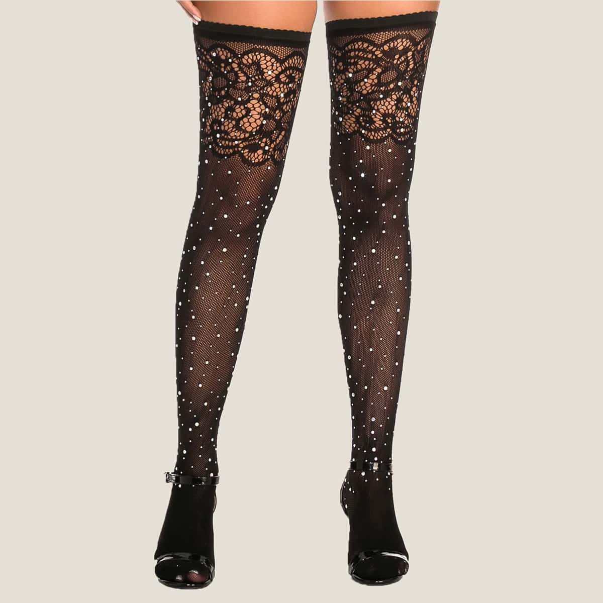 

Sequin Decor Floral Lace Stockings, Black