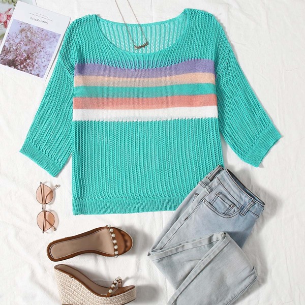 

Pointelle Knit Striped Sheer Cover Up, Green mint blue