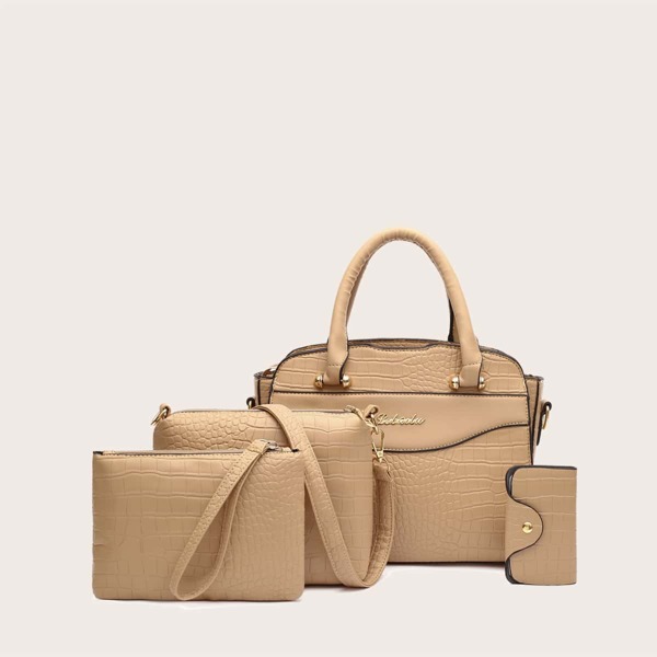 

4pcs Croc Embossed Tote Bag Set, Khaki