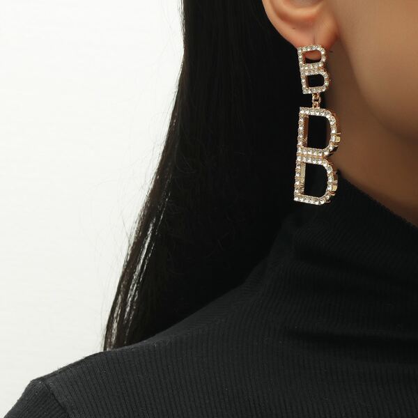 

Rhinestone Decor Letter Charm Drop Earrings, Gold