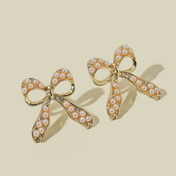 

Faux Pearl Decor Bow Design Stud Earrings, Gold