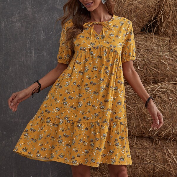

Floral Tie Neck Ruffle Hem Babydoll Dress, Yellow