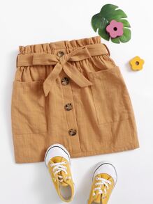 SHEIN Girls Button Front Paperbag Waist Belted Skirt - Camel - View 1