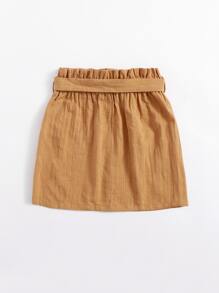 SHEIN Girls Button Front Paperbag Waist Belted Skirt - Camel - View 2