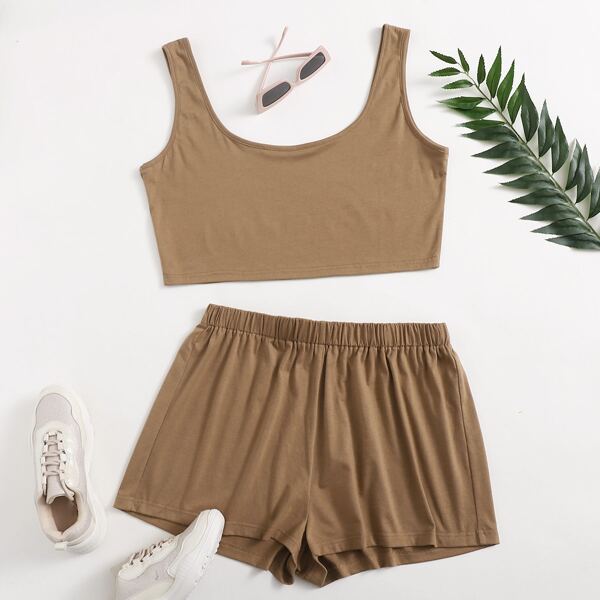 

Plus Solid Tank Top With Shorts, Mocha brown