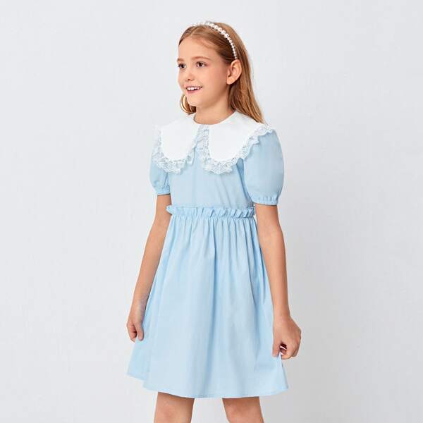 

Girls Contrast Peter-pan Collar Puff Sleeve Dress, Baby blue