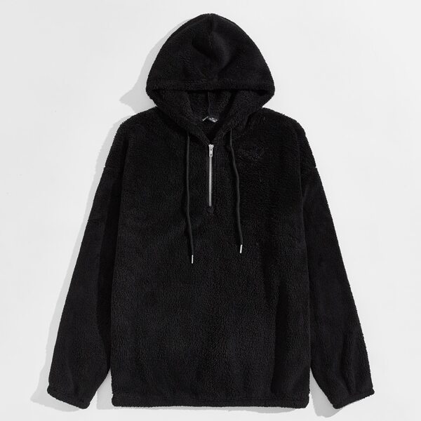 

Men Drop Shoulder Drawstring Teddy Hoodie, Black