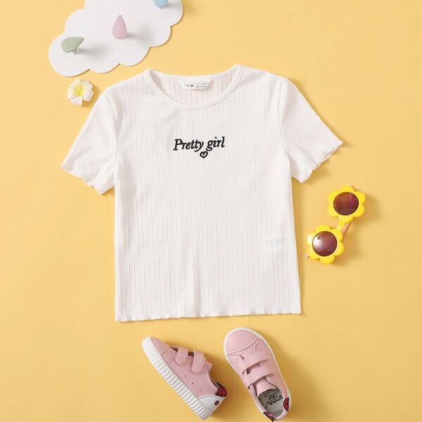 

Girls Embroidery Letter Lettuce Trim Tee, White