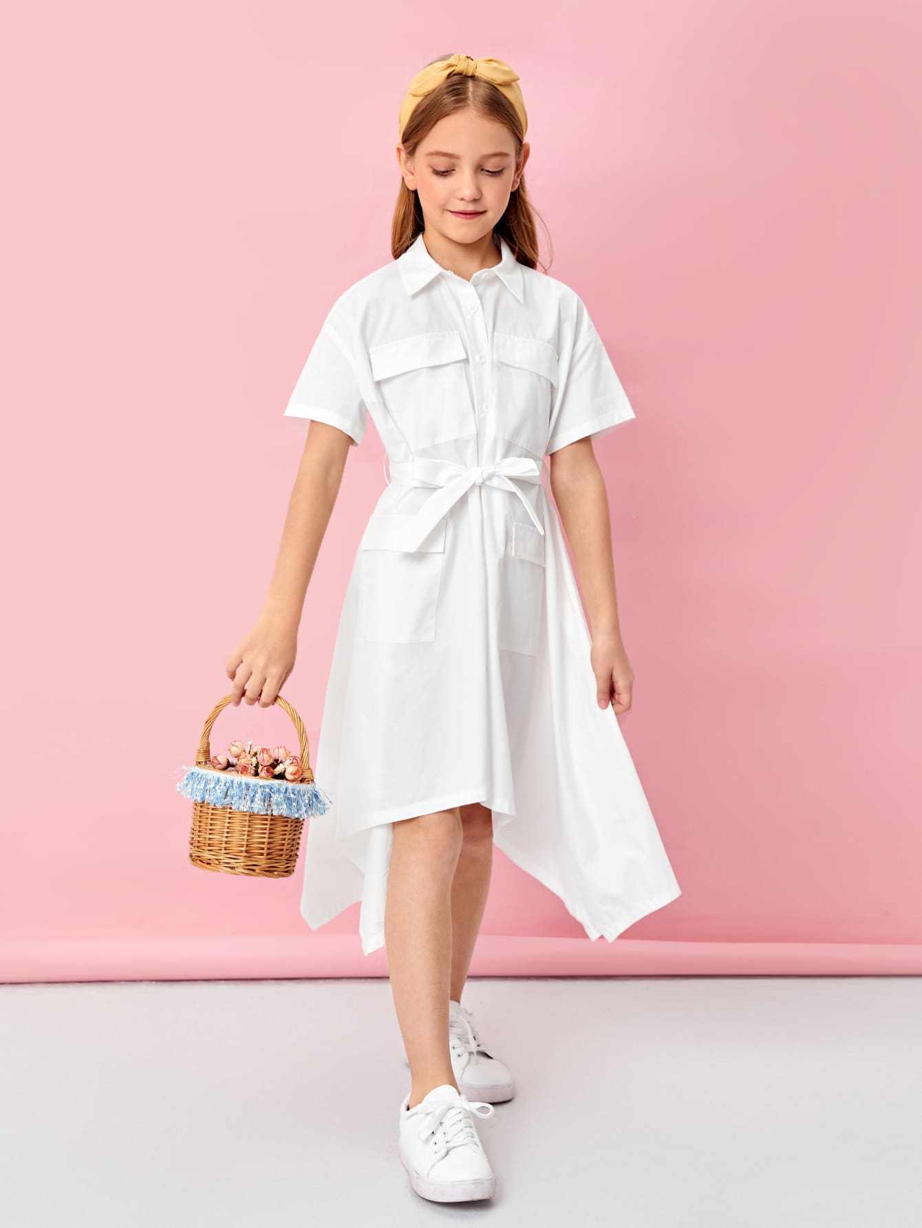 SHEIN 女孩翻蓋口袋手帕下擺腰帶襯衫洋裝