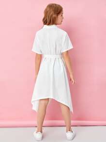 SHEIN 女孩翻蓋口袋手帕下擺腰帶襯衫洋裝