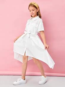 SHEIN 女孩翻蓋口袋手帕下擺腰帶襯衫洋裝