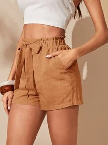 SHEIN Essnce Paperbag Waist Knot Front Shorts - Brown - View 3