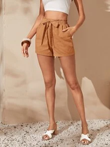 SHEIN Essnce Paperbag Waist Knot Front Shorts - Brown - View 5