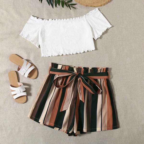 

Plus Lettuce-Edge Crop Top & Striped Paperbag Shorts Set, Multicolor