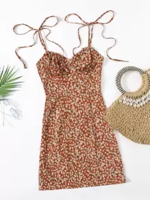 Soleia Vestido de tirante floral de margarita fruncido de hombro con nudo - Multicolor - Ver 1
