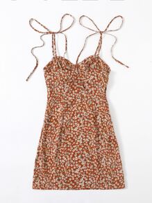 Soleia Vestido de tirante floral de margarita fruncido de hombro con nudo - Multicolor - Ver 2