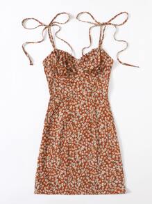 Soleia Vestido de tirante floral de margarita fruncido de hombro con nudo - Multicolor - Ver 4