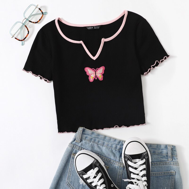 

Notch Neck Lettuce Trim Butterfly Patched Crop Top, Black