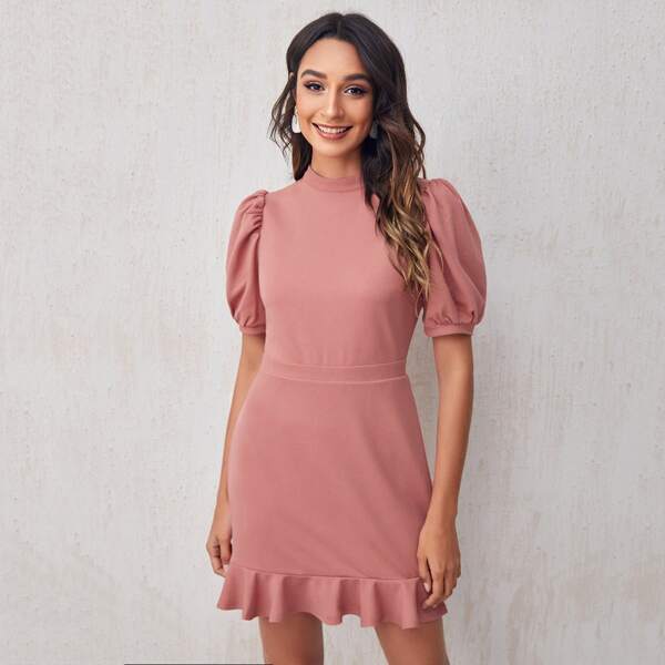 

Mock Neck Puff Sleeve Ruffle Hem Dress, Dusty pink
