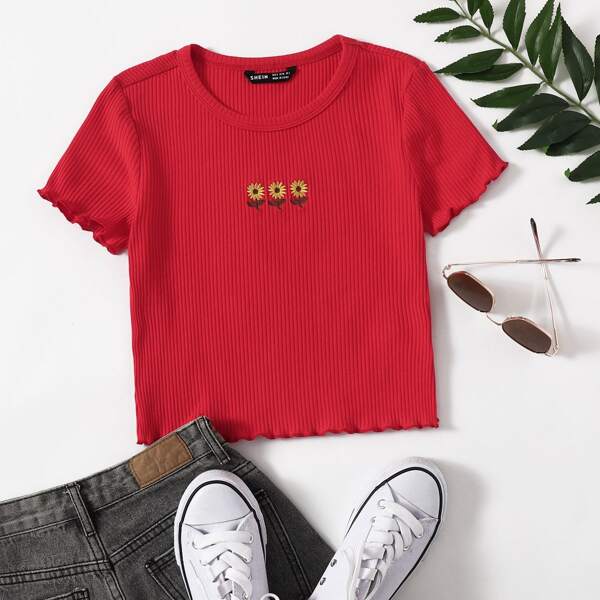 

Sunflower Embroidered Lettuce Edge Rib-knit Tee, Red