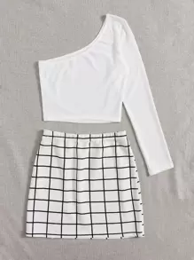 SHEIN Essnce One-Shoulder Crop Top & Grid Mini Skirt Set - White - View 2