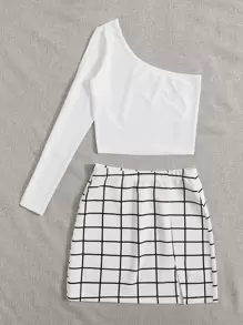 SHEIN Essnce One-Shoulder Crop Top & Grid Mini Skirt Set - White - View 5