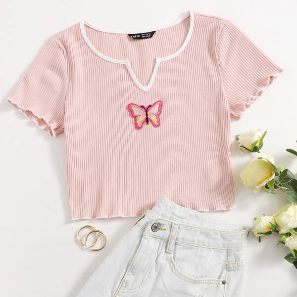 

Notch Neck Lettuce Trim Butterfly Patched Crop Top, Baby pink