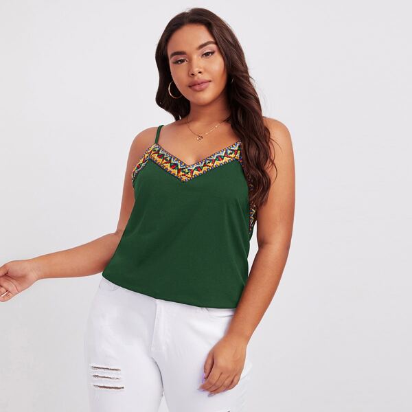 

Plus Double V-Neck Embroidered Tape Cami Top, Green