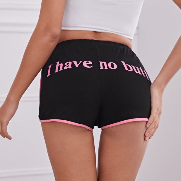 

Slogan Graphic Contrast Binding Dolphin Shorts, Black