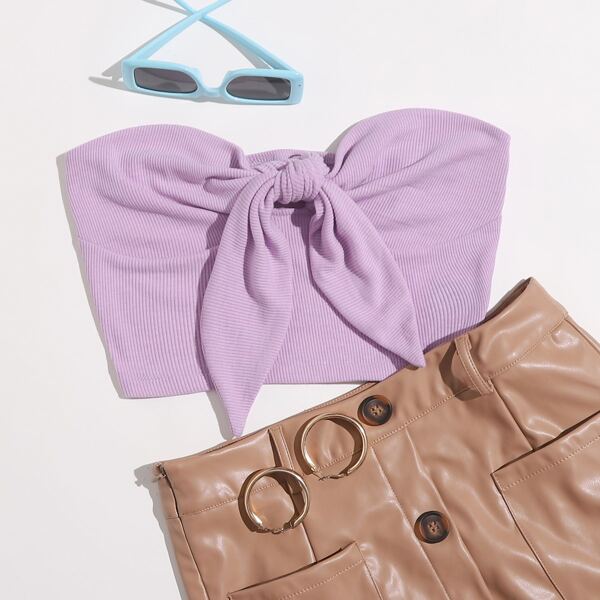 

Tie Front Rib-knit Bustier Tube Top, Lilac purple