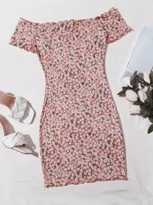 Soleia Vestido ribete en forma de lechuga de hombros descubiertos con estampado floral de margarita - Multicolor - Ver 1