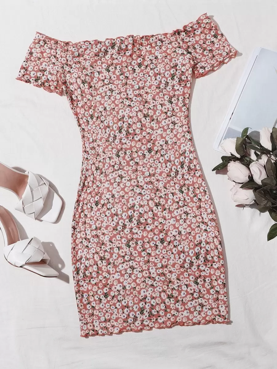Soleia Vestido ribete en forma de lechuga de hombros descubiertos con estampado floral de margarita - Multicolor - Ver 1