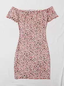 Soleia Vestido ribete en forma de lechuga de hombros descubiertos con estampado floral de margarita - Multicolor - Ver 2