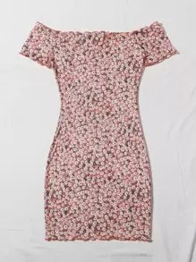 Soleia Vestido ribete en forma de lechuga de hombros descubiertos con estampado floral de margarita - Multicolor - Ver 4