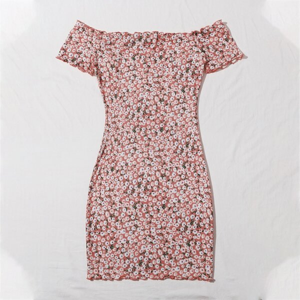 

Ditsy Floral Print Off Shoulder Lettuce Edge Dress, Multicolor